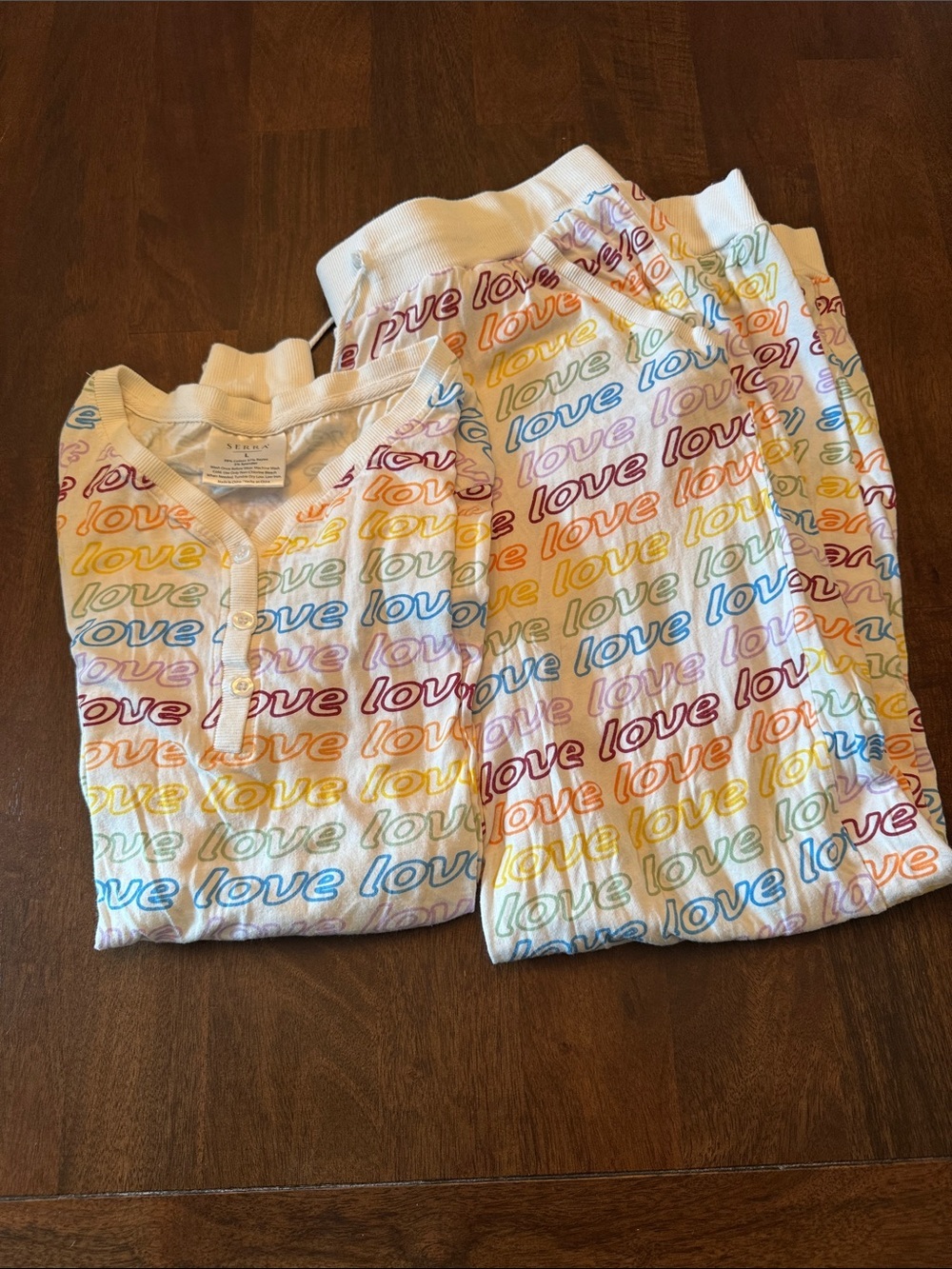 Serra "Love" Rainbow Print Cotton blend Pajama Set in White